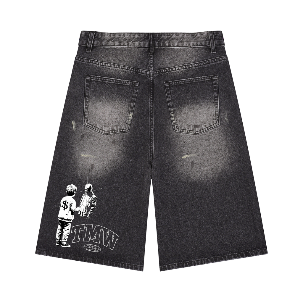 TMW Men’s Vintage Wash Wide Leg Denim Shorts